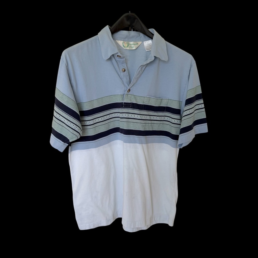 80's‎ Palmland Club XL Blue White Striped Short Sleeve Polo Shirt 6050-430